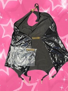 Dreamgirl 1X Lingerie Faux Leather Garter Slip Set “Spank Me” Gold Hardware NWOT